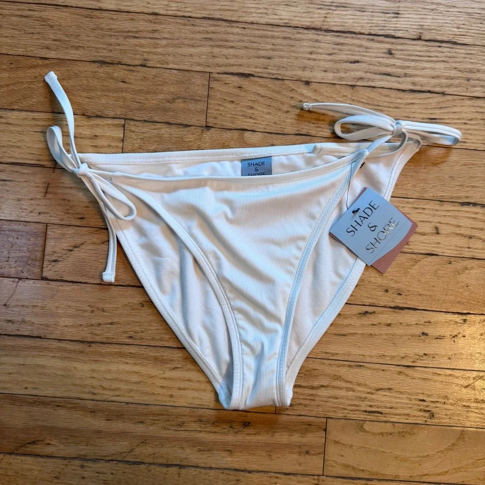 Shade & Shore Girls Ribbed Side Tie Bikini Bottom Off White Medium 8-10